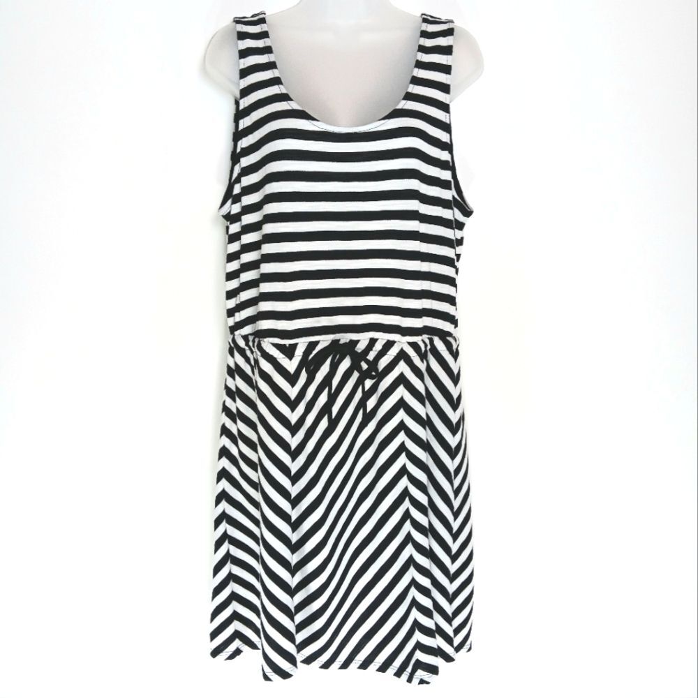 A NEW DAY Black White Striped Tie Waist Casual A-Line Jersey Dress XL Nautical